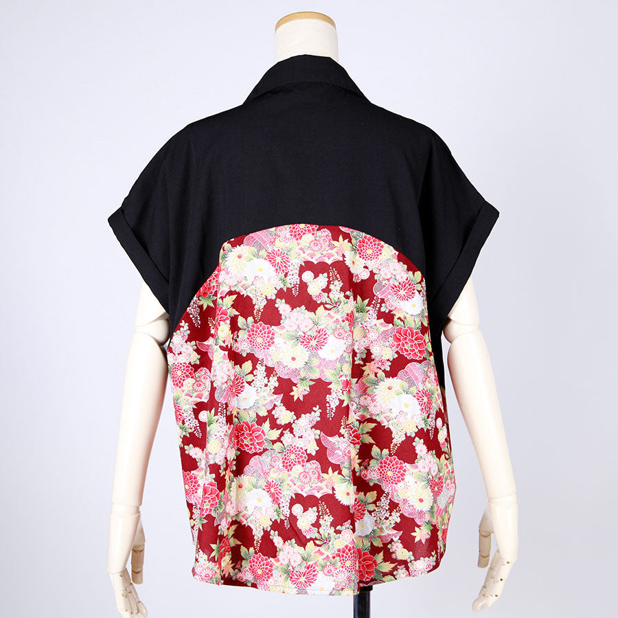 【一点物】TKg 秋の花和柄 フレンチスリーブシャツ