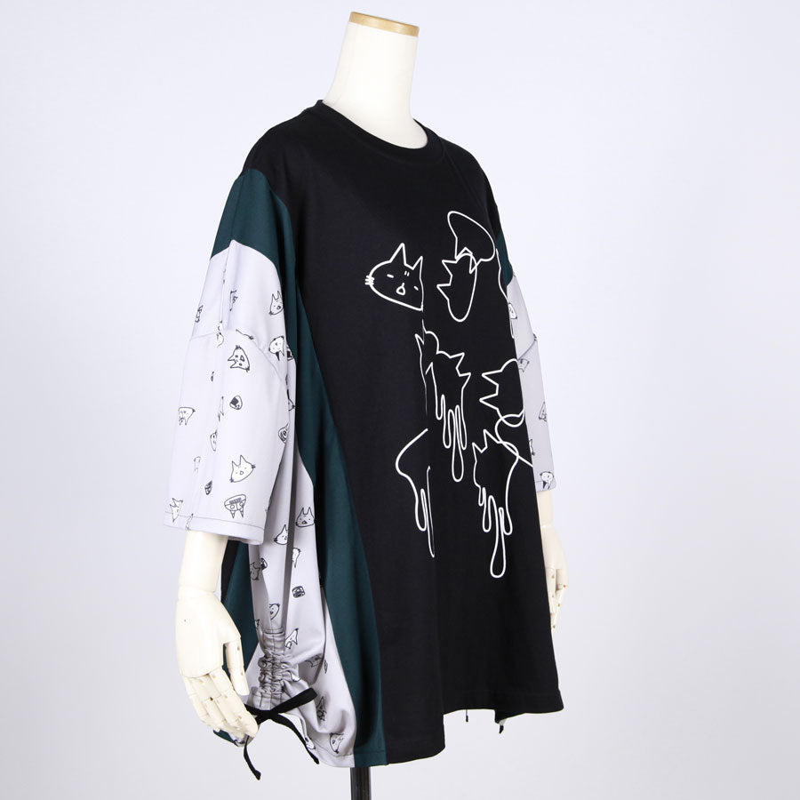 MINT NeKO パッチワークサイドギャザーカットソー BK