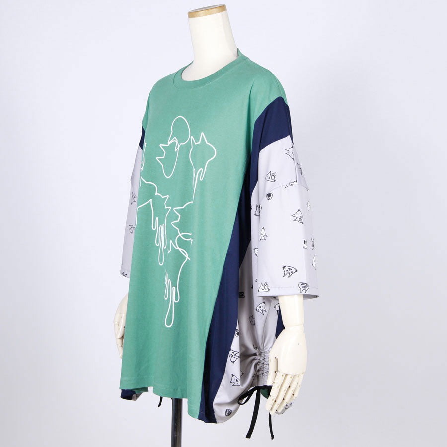 MINT NeKO パッチワークサイドギャザーカットソー GRN