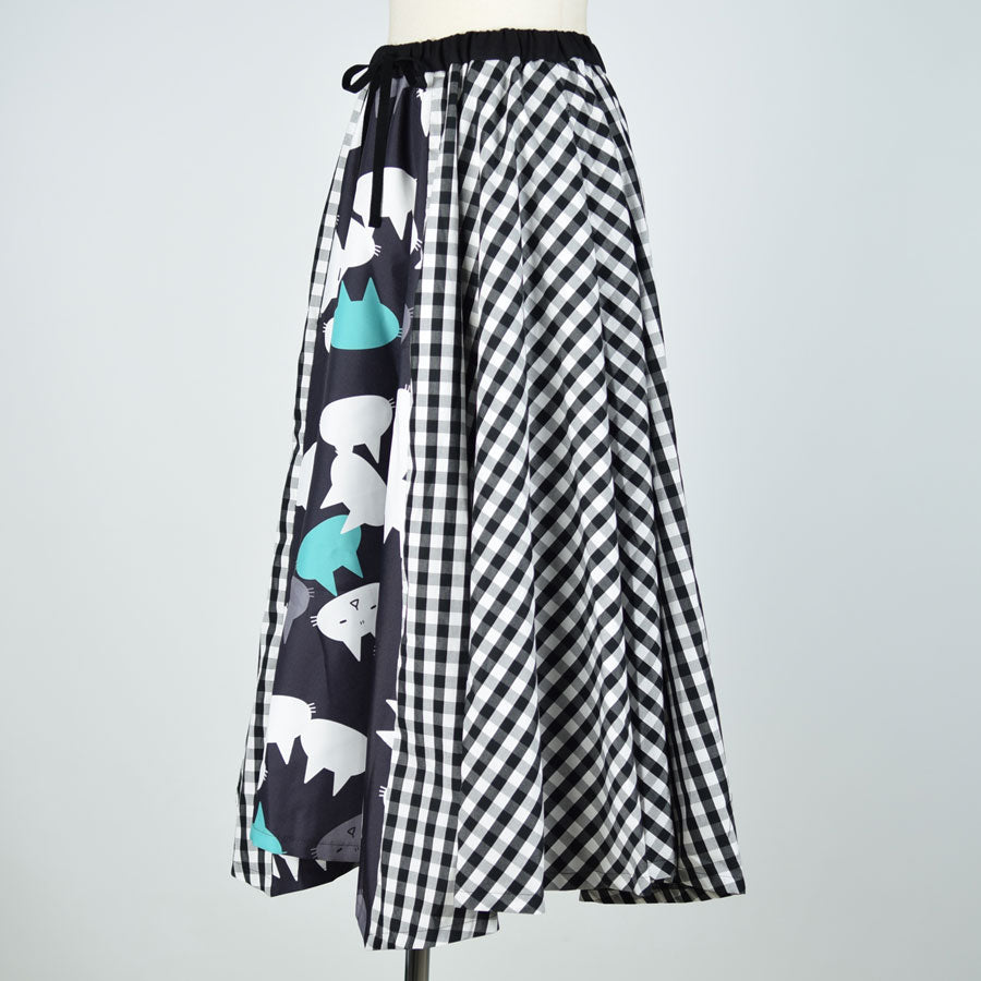 MINT NeKO パッチワークフレアスカート BK-WH