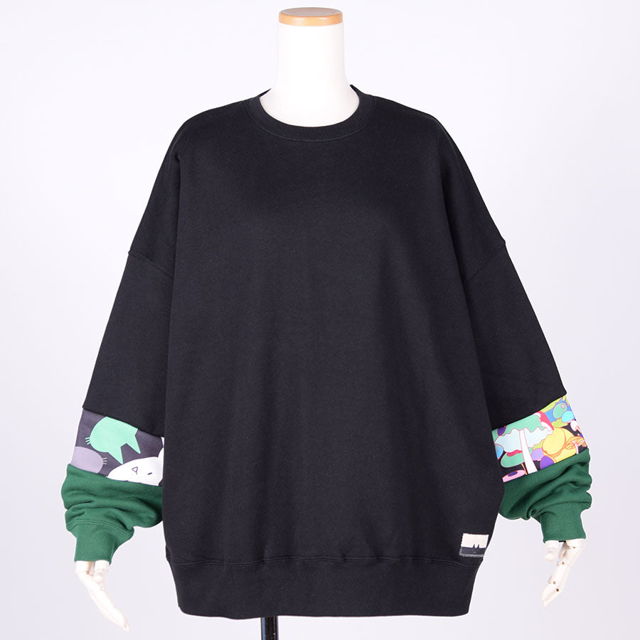 MINT NeKO パッチワークスウェットプルオーバー BK-GRN