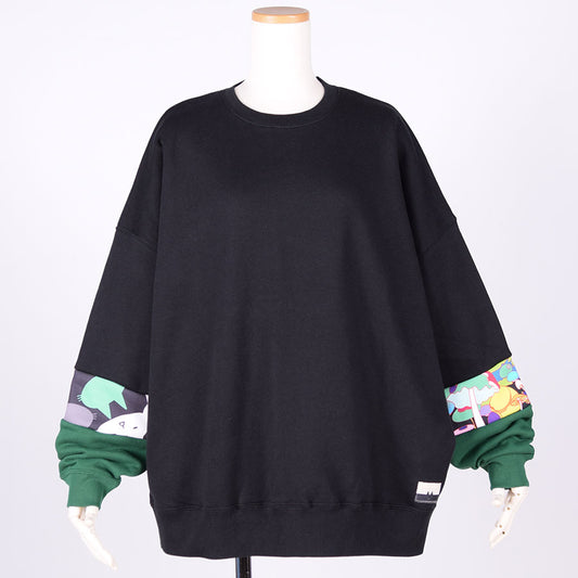 MINT NeKO パッチワークスウェットプルオーバー BK-GRN