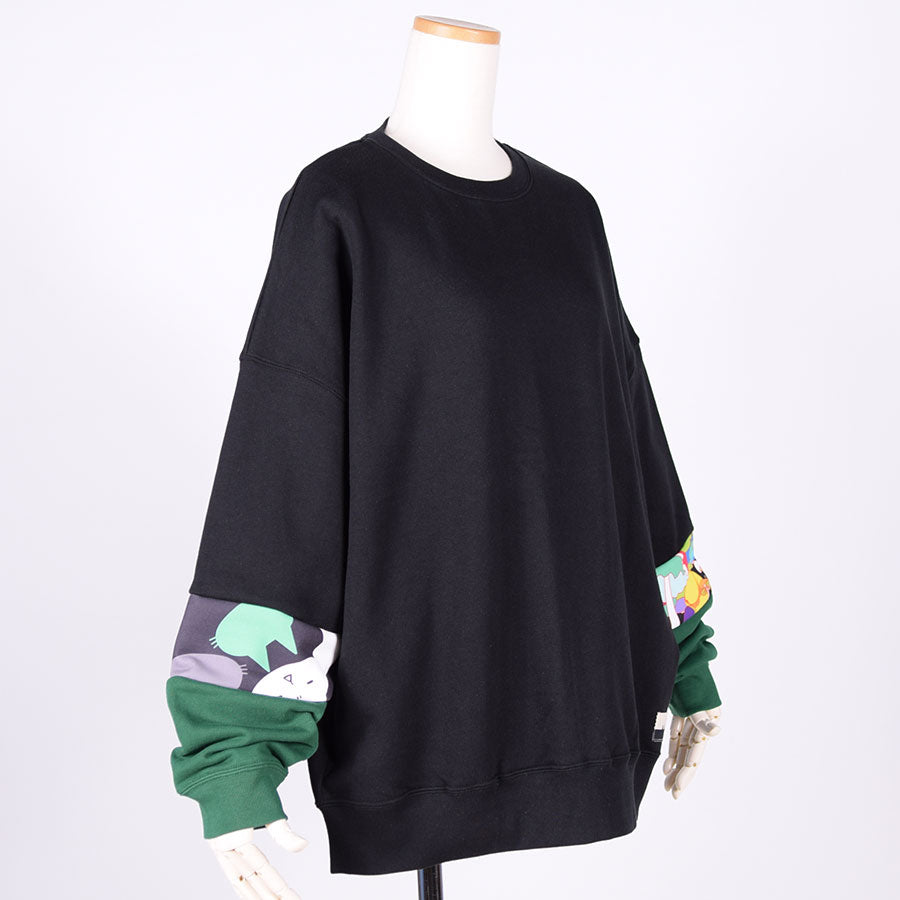 MINT NeKO パッチワークスウェットプルオーバー BK-GRN