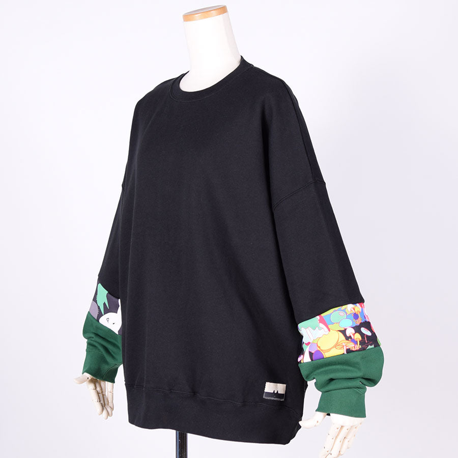 MINT NeKO パッチワークスウェットプルオーバー BK-GRN