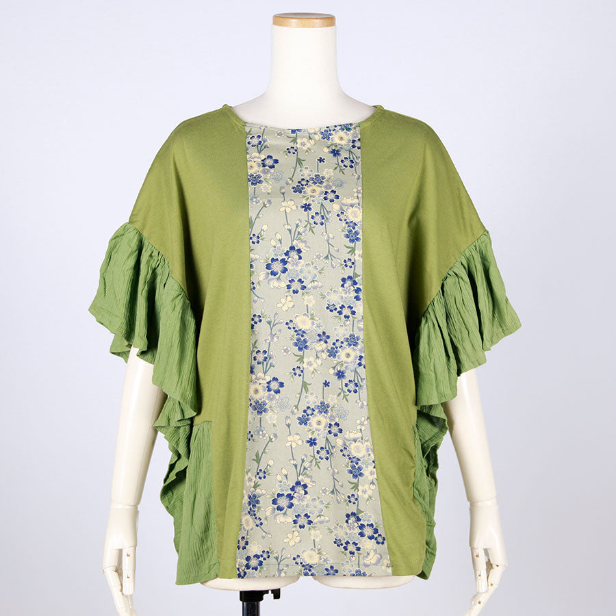 [One-of-a-kind item] TKg Blue Cherry Blossom Frilly Sleeve Tops