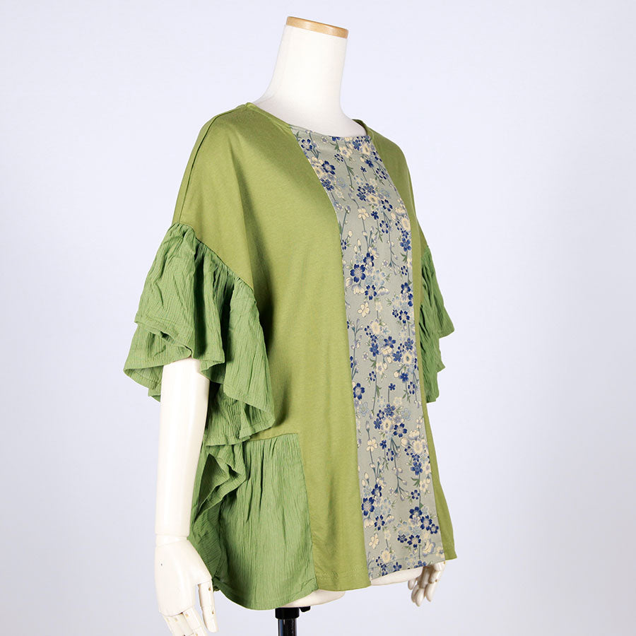 [One-of-a-kind item] TKg Blue Cherry Blossom Frilly Sleeve Tops