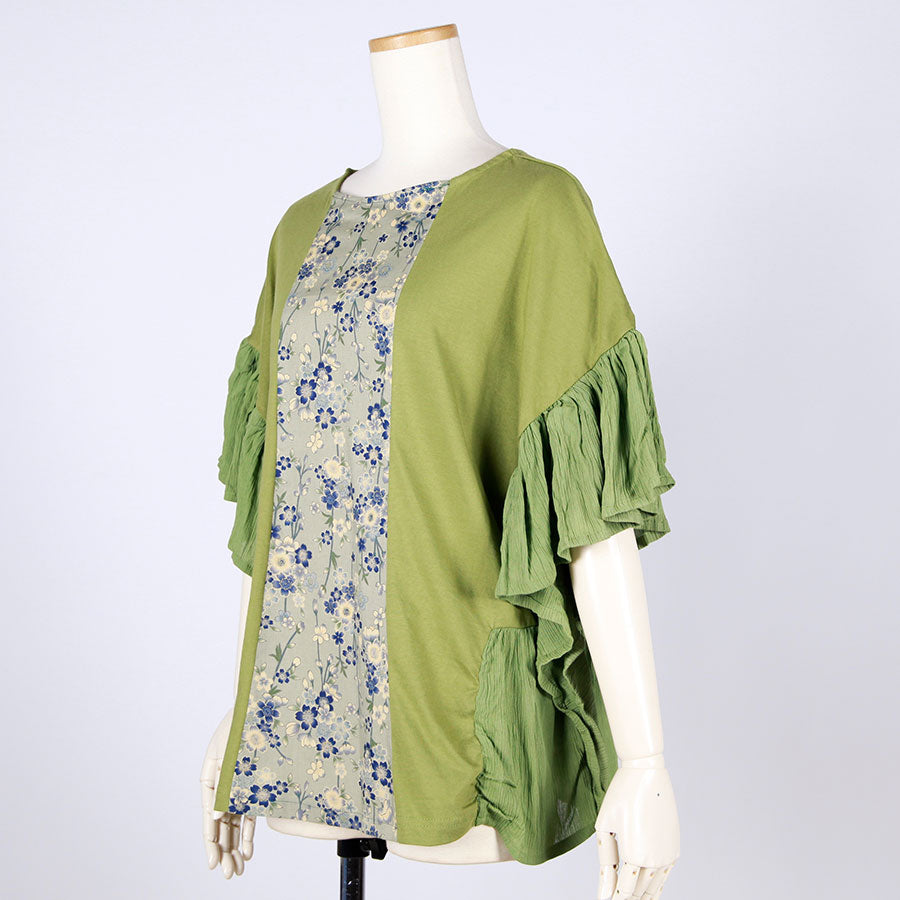 [One-of-a-kind item] TKg Blue Cherry Blossom Frilly Sleeve Tops