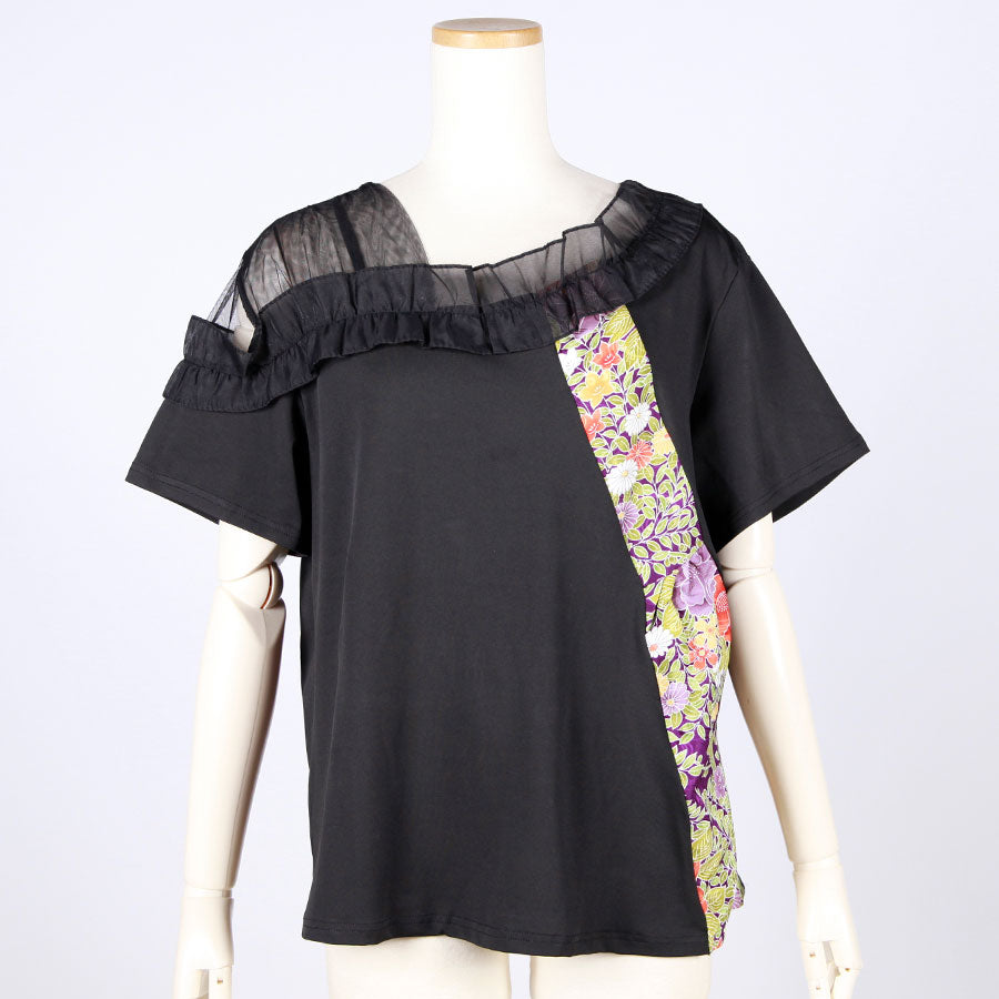 [One-of-a-kind item] TKg Vintage Kimono Four Seasons Flower Sheer Right Shoulder tops
