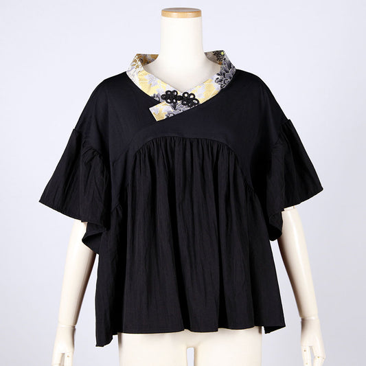 [One-of-a-kind item] TKg Black Peony Kimono Collar Tops