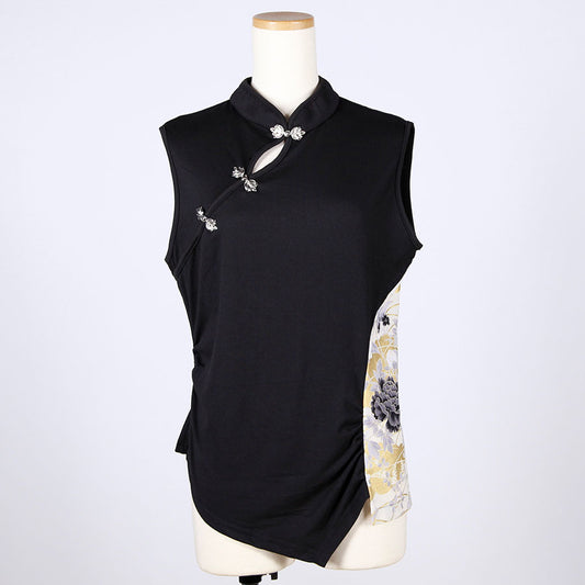 [One-of-a-kind item] TKg Black Peony Sleeveless Chinese Top