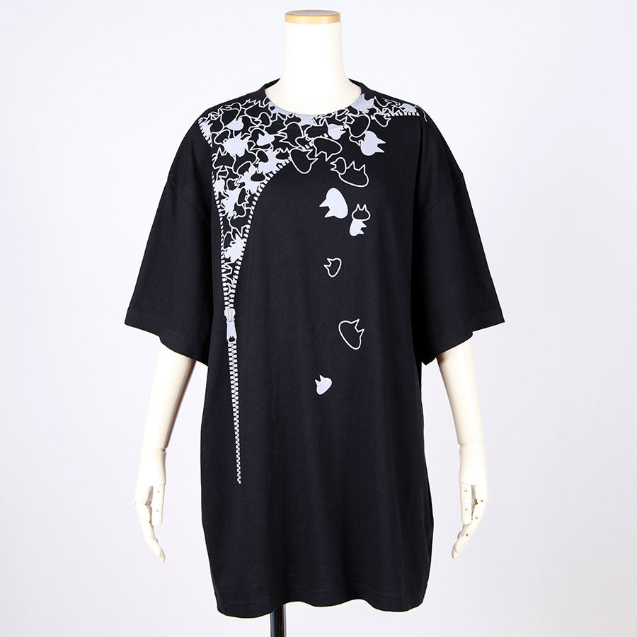 MINT NeKO Zipper Print BIG T-shirt / BK-GY