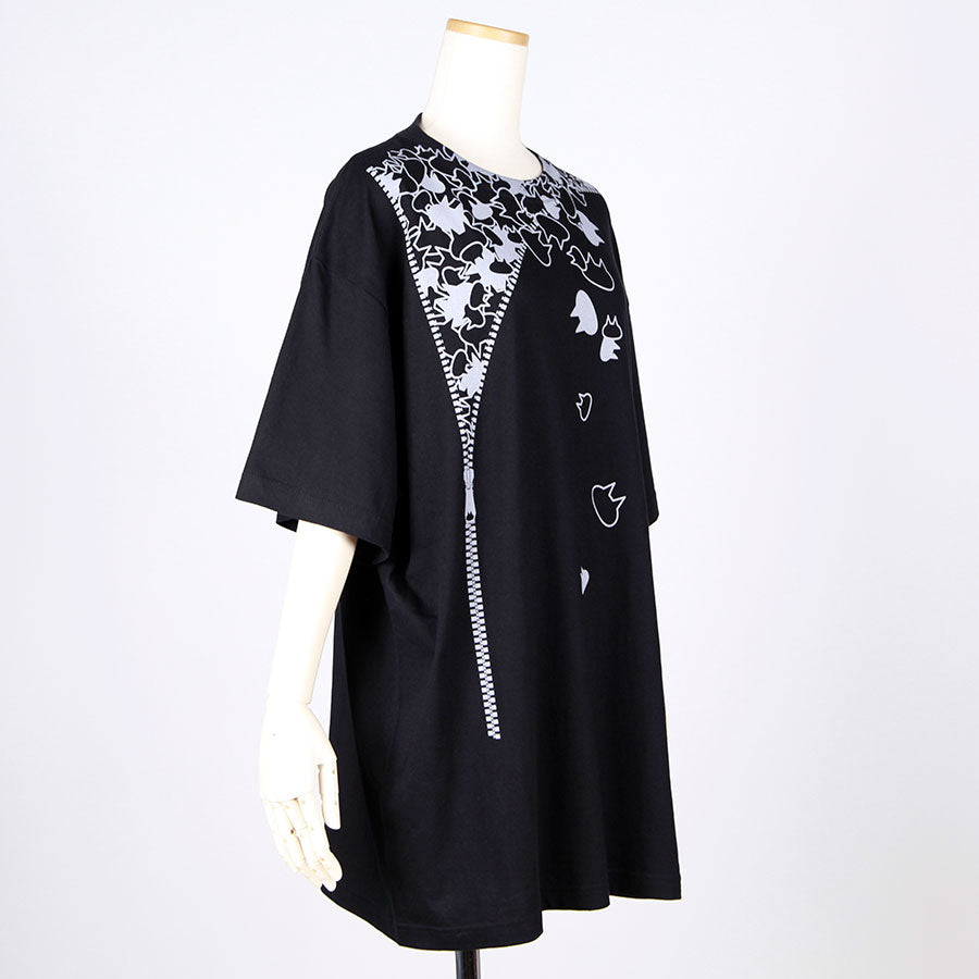 MINT NeKO Zipper Print BIG T-shirt / BK-GY