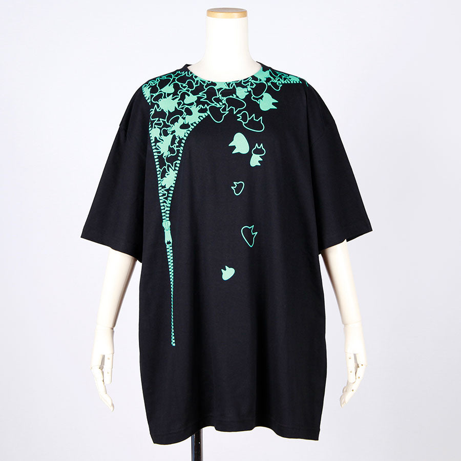 MINT NeKO Zipper Print BIG T-shirt / BK-GRN