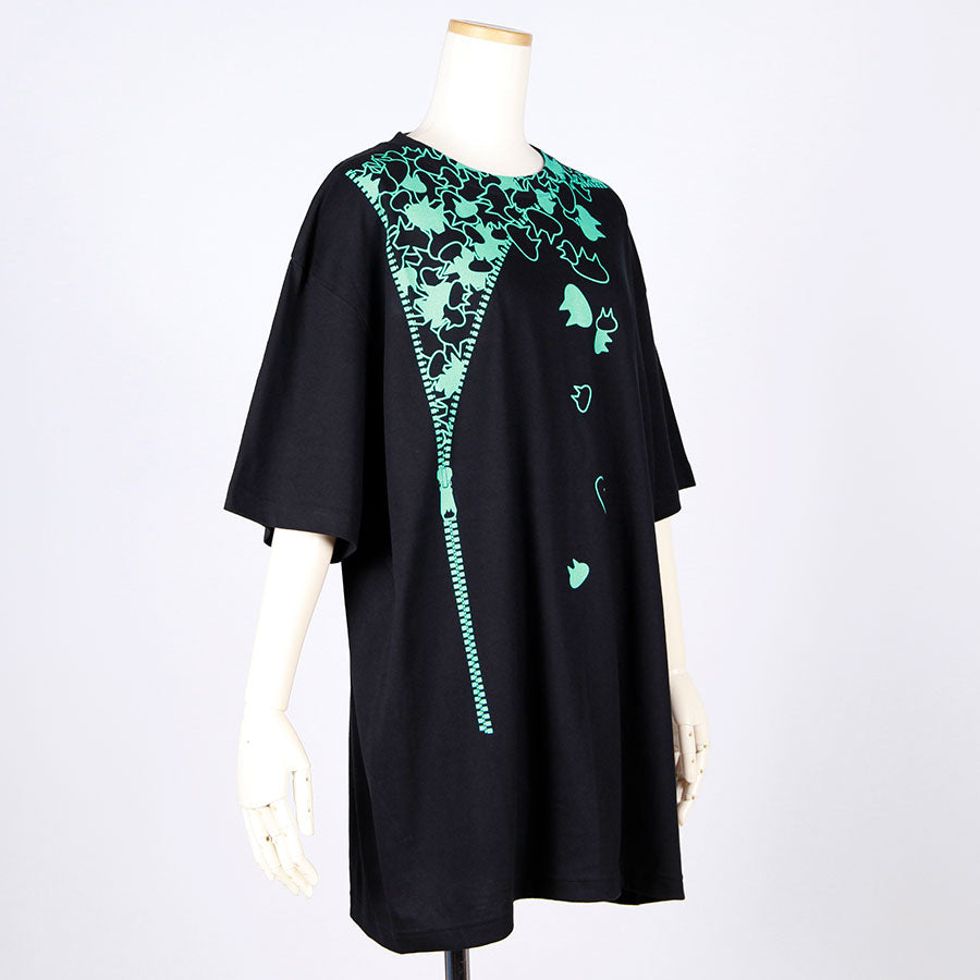 MINT NeKO Zipper Print BIG T-shirt / BK-GRN