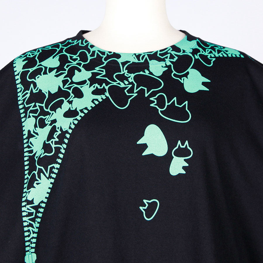 MINT NeKO Zipper Print BIG T-shirt / BK-GRN