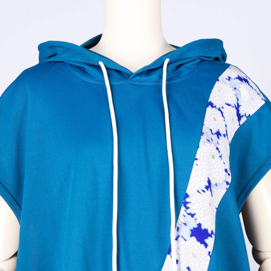 [One-of-a-kind item] TKg Vintage Kimono Blue Chrysanthemum Sleeveless Hoodie