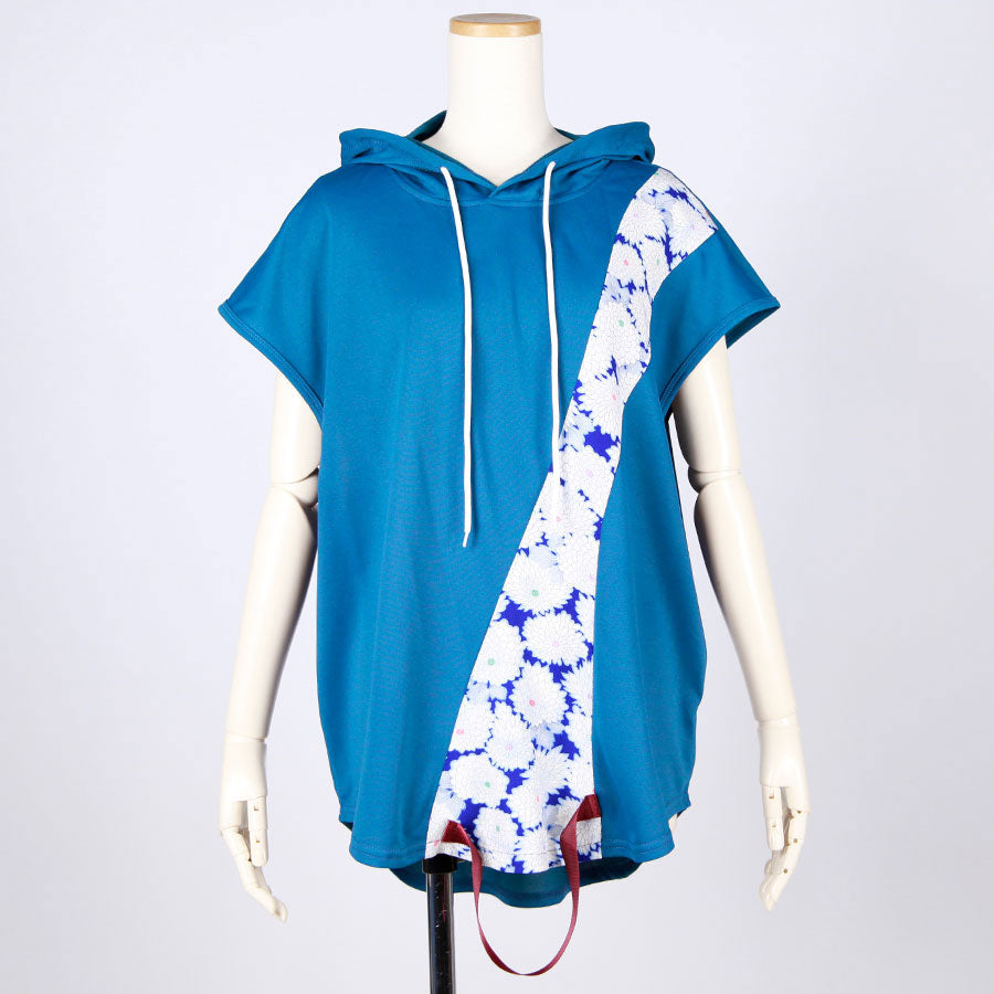 [One-of-a-kind item] TKg Vintage Kimono Blue Chrysanthemum Sleeveless Hoodie