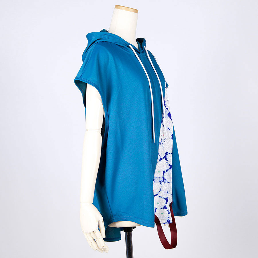 [One-of-a-kind item] TKg Vintage Kimono Blue Chrysanthemum Sleeveless Hoodie