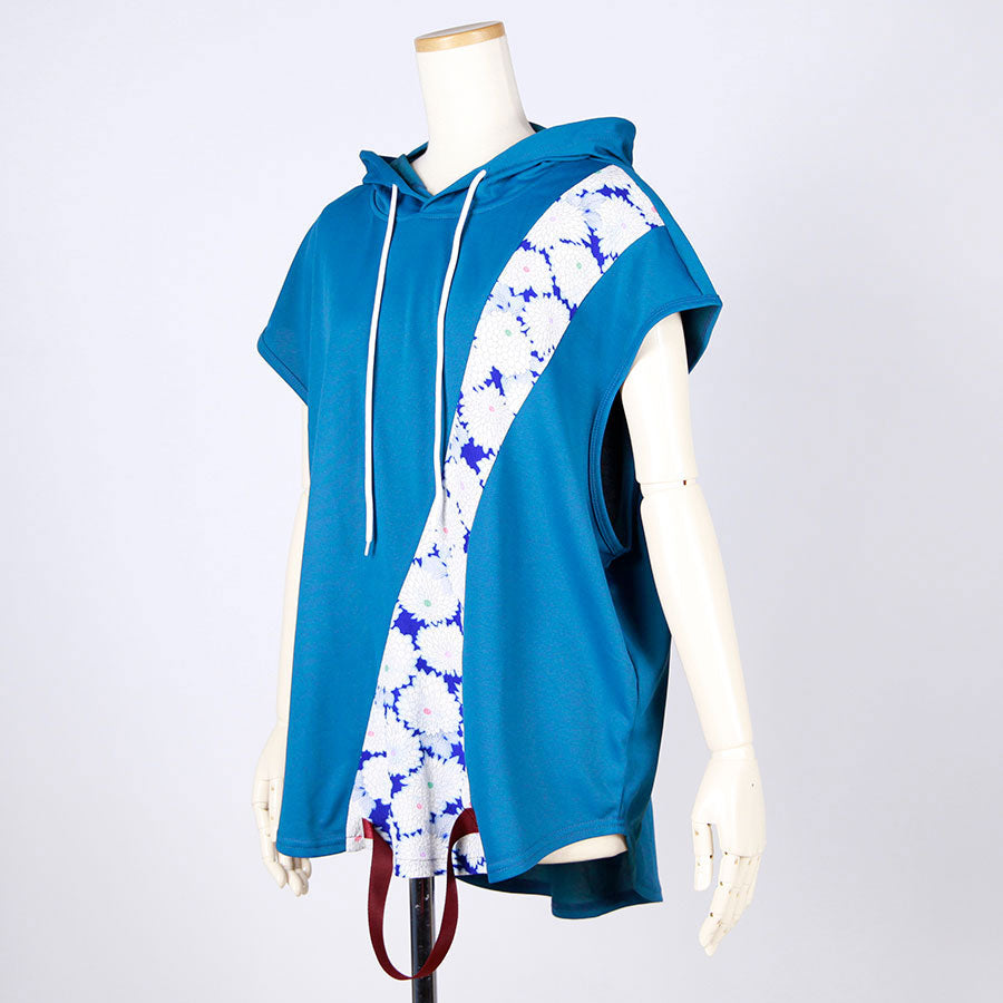 [One-of-a-kind item] TKg Vintage Kimono Blue Chrysanthemum Sleeveless Hoodie