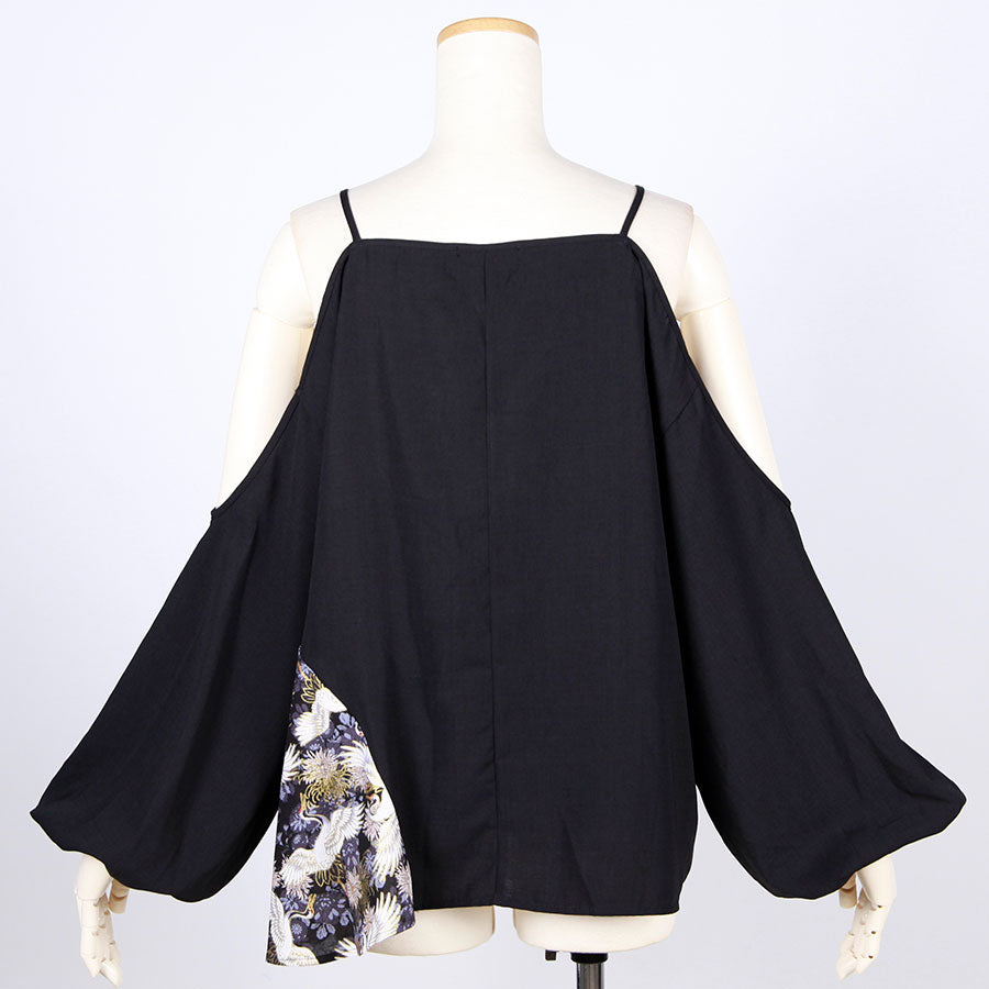 [One-of-a-kind item] TKg Crane and Chrysanthemum flower, Off-shoulder Top