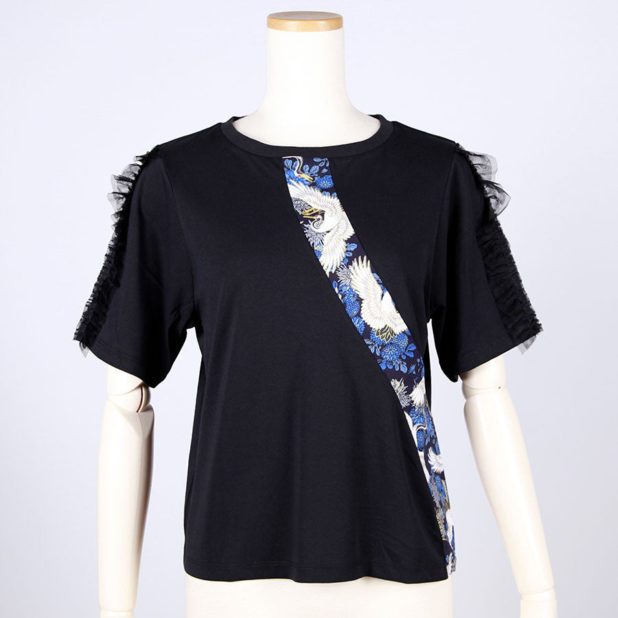 [One-of-a-kind item] TKg Crane and Chrysanthemum flower, Tulle Frill Sleeve Top