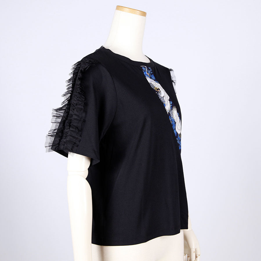 [One-of-a-kind item] TKg Crane and Chrysanthemum flower, Tulle Frill Sleeve Top
