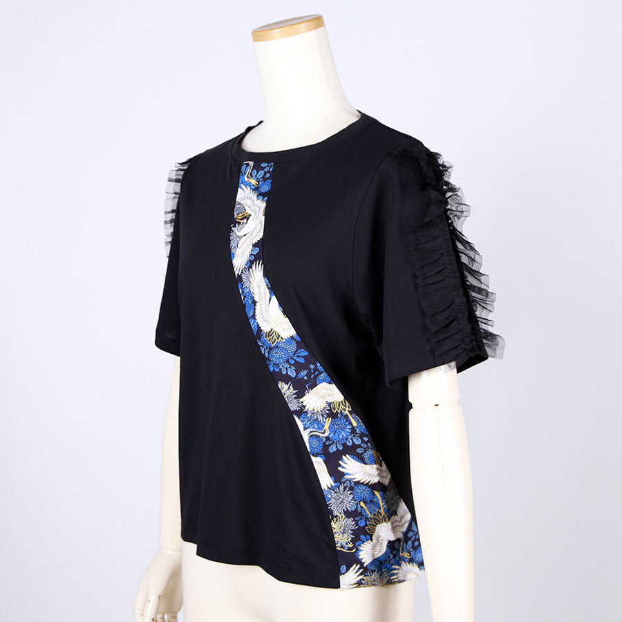 [One-of-a-kind item] TKg Crane and Chrysanthemum flower, Tulle Frill Sleeve Top