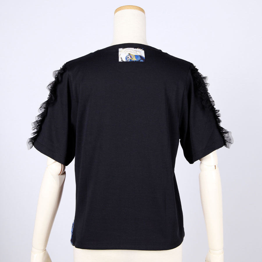 [One-of-a-kind item] TKg Crane and Chrysanthemum flower, Tulle Frill Sleeve Top