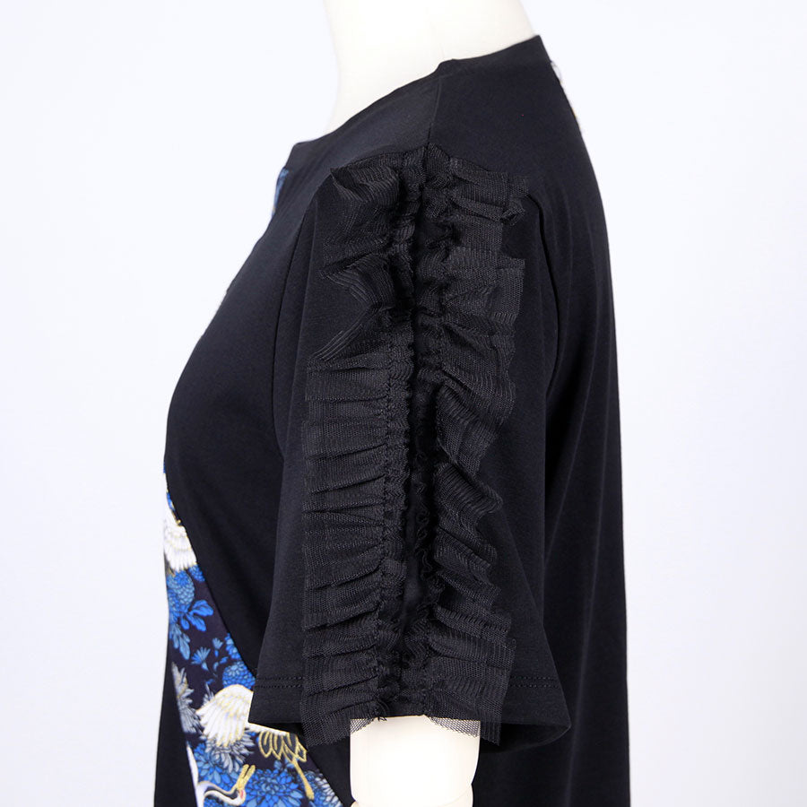 [One-of-a-kind item] TKg Crane and Chrysanthemum flower, Tulle Frill Sleeve Top