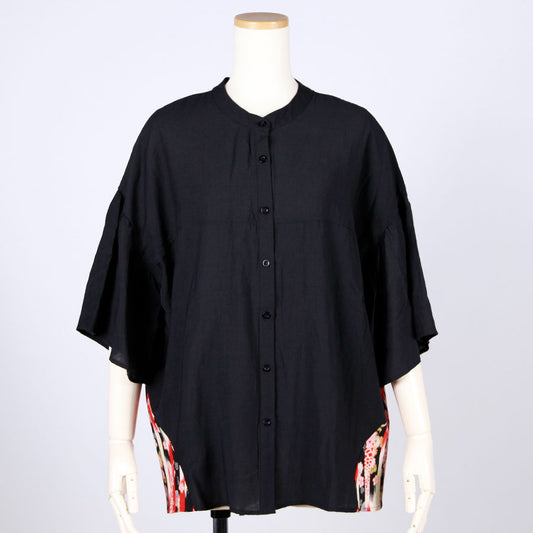 [One-of-a-kind item] TKg Vertical Stripes Japanese Pattern Standing Collar Shirt