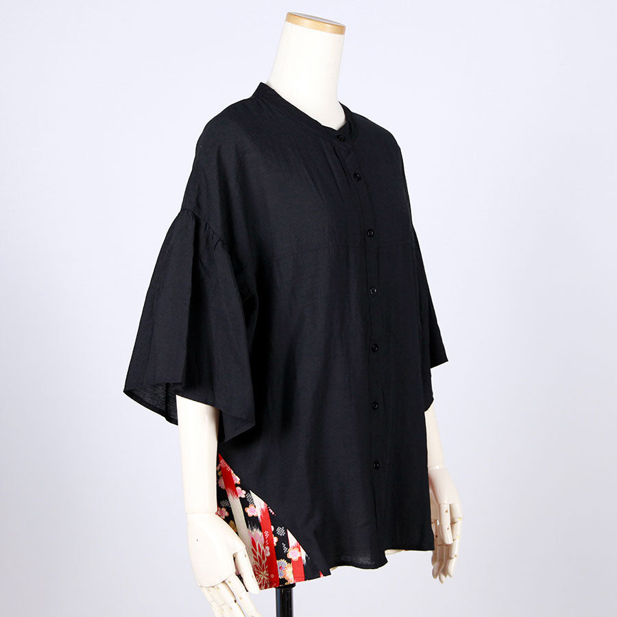 [One-of-a-kind item] TKg Vertical Stripes Japanese Pattern Standing Collar Shirt