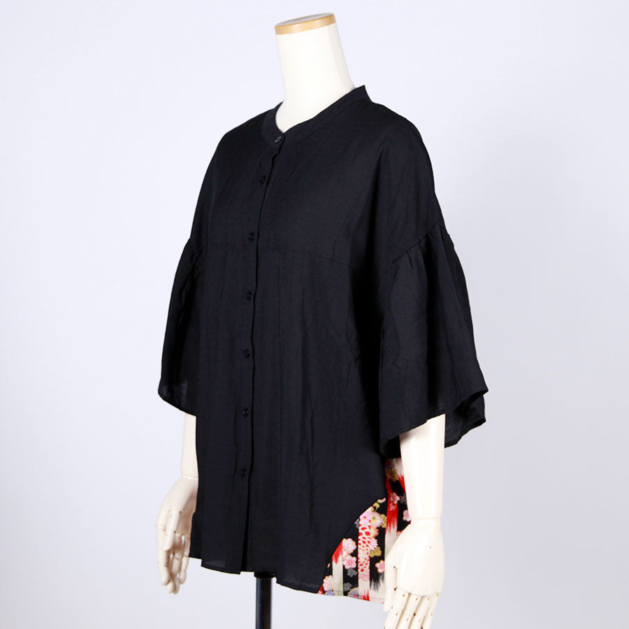 [One-of-a-kind item] TKg Vertical Stripes Japanese Pattern Standing Collar Shirt