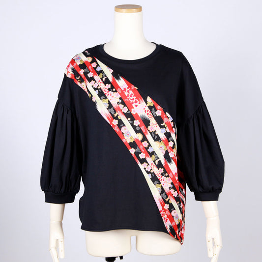 [One-of-a-kind item] TKg Vertical Stripes Japanese Pattern Lantern Sleeve Top