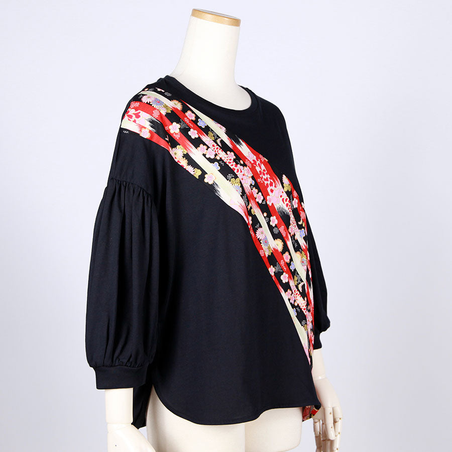 [One-of-a-kind item] TKg Vertical Stripes Japanese Pattern Lantern Sleeve Top