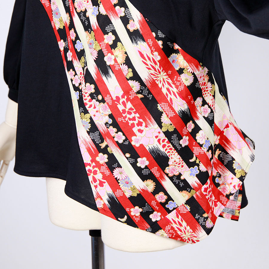 [One-of-a-kind item] TKg Vertical Stripes Japanese Pattern Lantern Sleeve Top