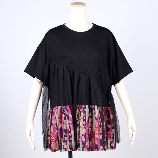 [One-of-a-kind item] TKg Vertical Stripes Japanese Pattern Under Chest Shirring Top