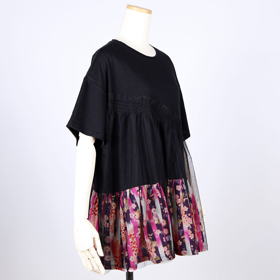 [One-of-a-kind item] TKg Vertical Stripes Japanese Pattern Under Chest Shirring Top