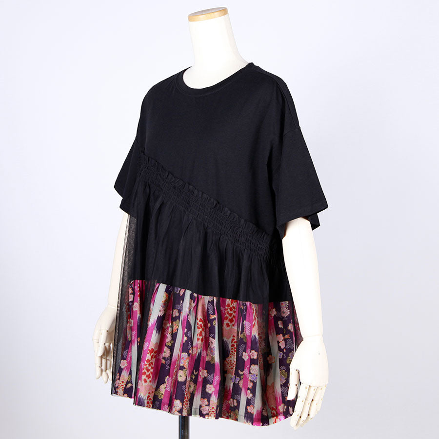 [One-of-a-kind item] TKg Vertical Stripes Japanese Pattern Under Chest Shirring Top