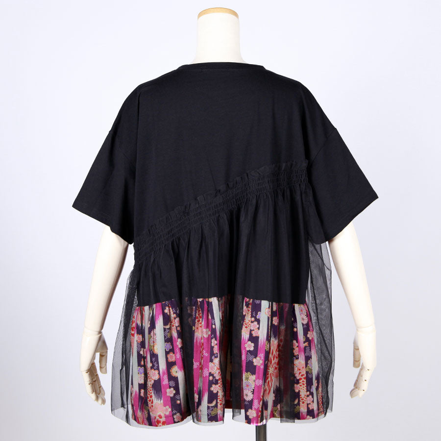 [One-of-a-kind item] TKg Vertical Stripes Japanese Pattern Under Chest Shirring Top