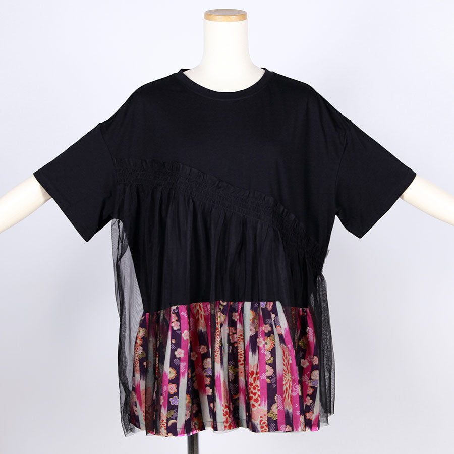 [One-of-a-kind item] TKg Vertical Stripes Japanese Pattern Under Chest Shirring Top