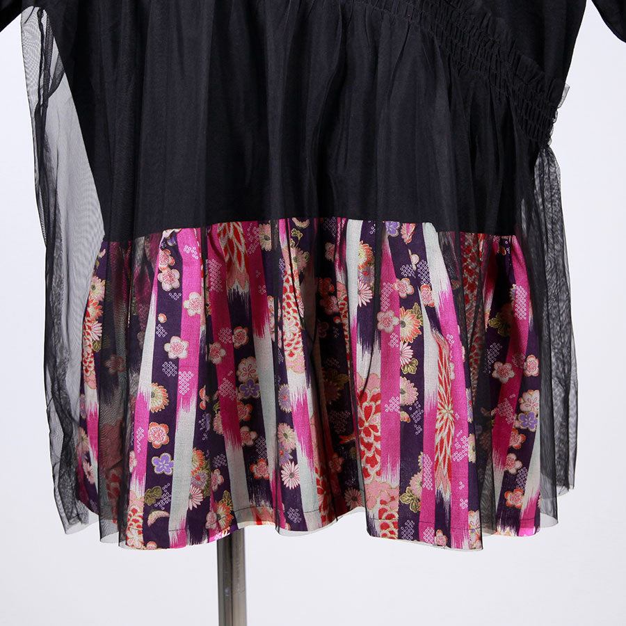 [One-of-a-kind item] TKg Vertical Stripes Japanese Pattern Under Chest Shirring Top