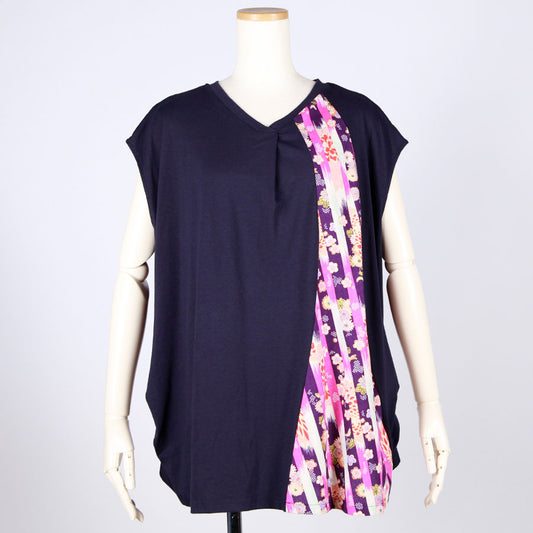 [One-of-a-kind item] TKg Vertical Striped Japanese Pattern French Sleeve Blouse