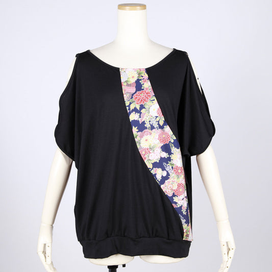 [One-of-a-kind item] TKg Autumn Flower Japanese Pattern Shoulder Slit Top
