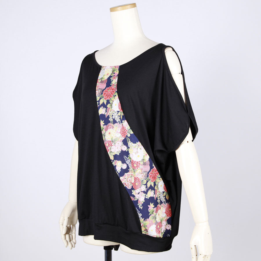 [One-of-a-kind item] TKg Autumn Flower Japanese Pattern Shoulder Slit Top