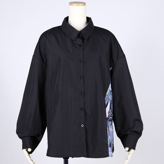 [One-of-a-kind item] TKg Blue Crane Pattern Pleated Back Shirt