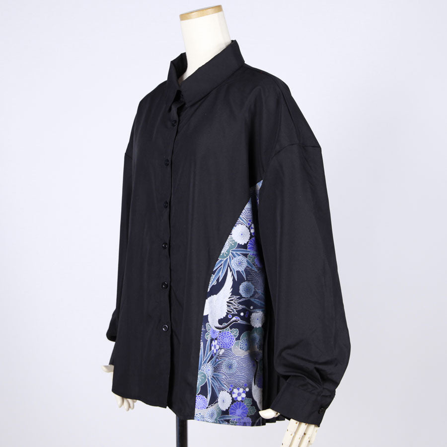 [One-of-a-kind item] TKg Blue Crane Pattern Pleated Back Shirt