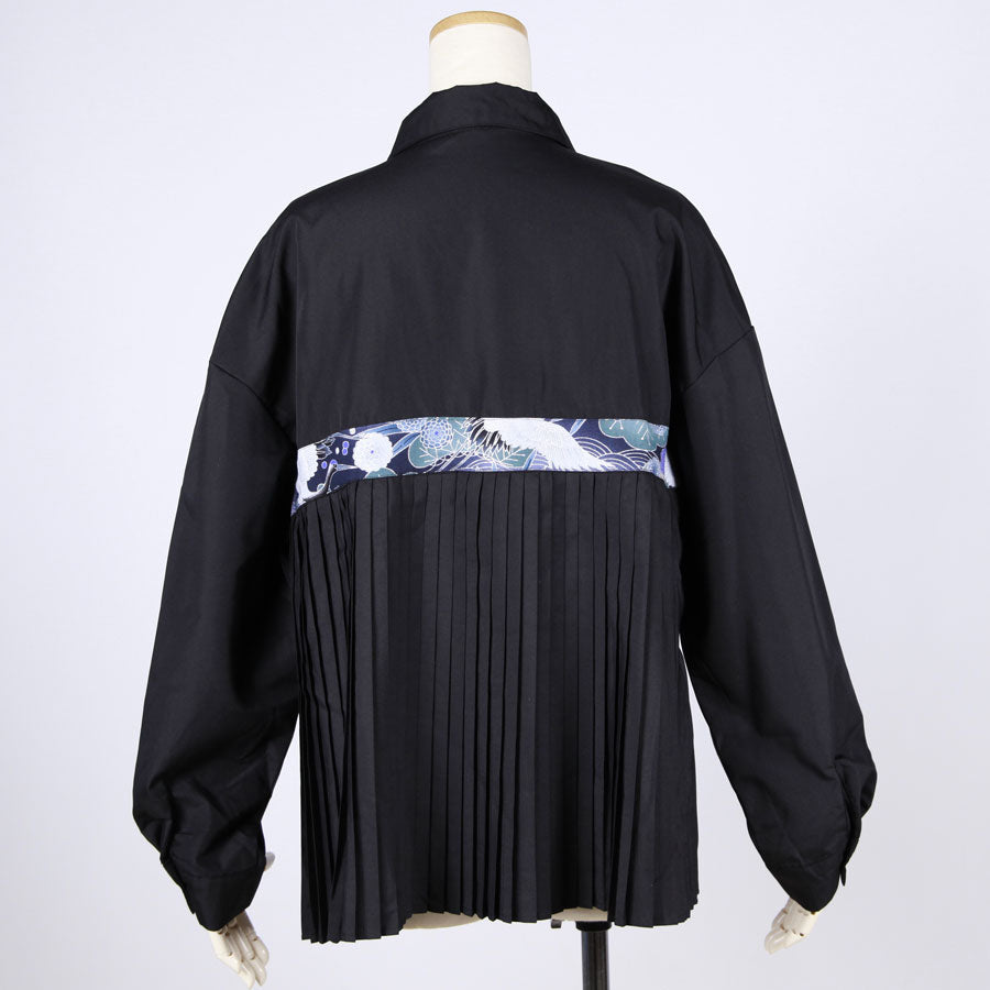 [One-of-a-kind item] TKg Blue Crane Pattern Pleated Back Shirt
