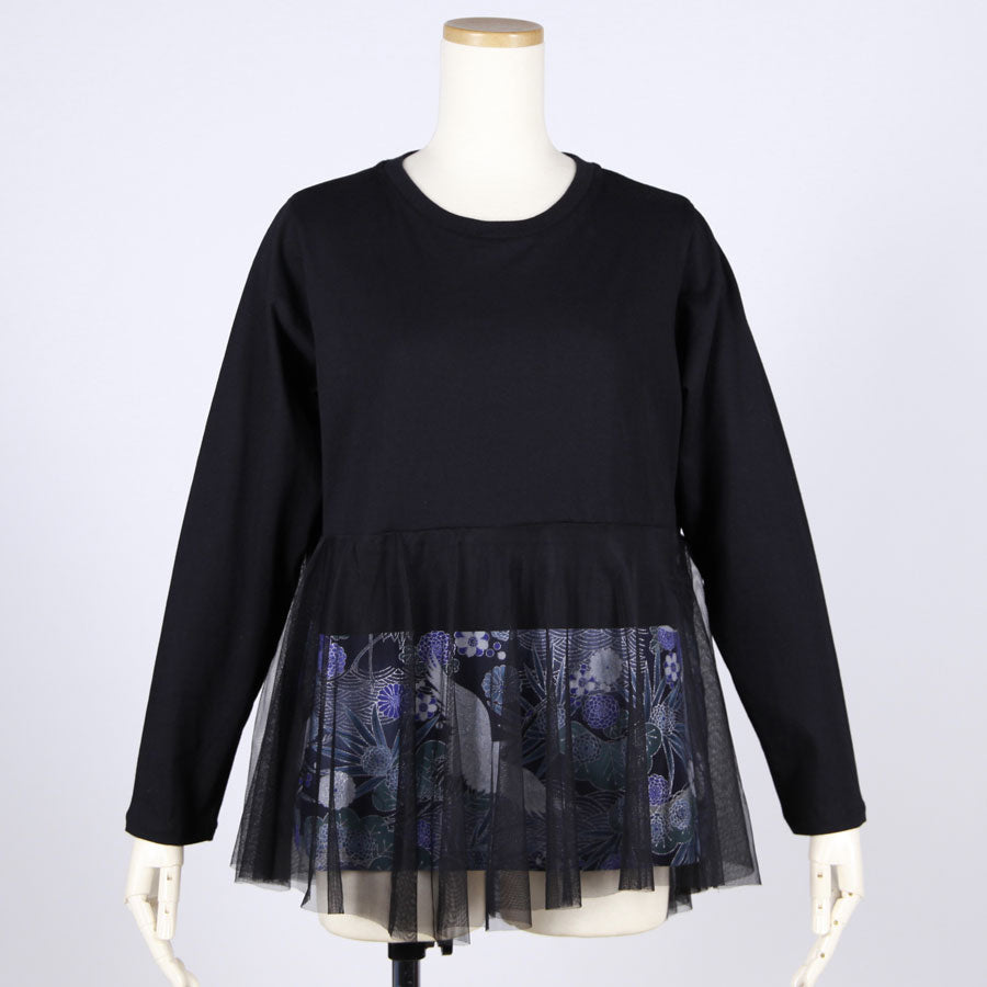 [One-of-a-kind item] TKg Blue Crane Pattern Tulle-switched Top