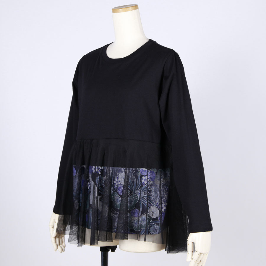 [One-of-a-kind item] TKg Blue Crane Pattern Tulle-switched Top