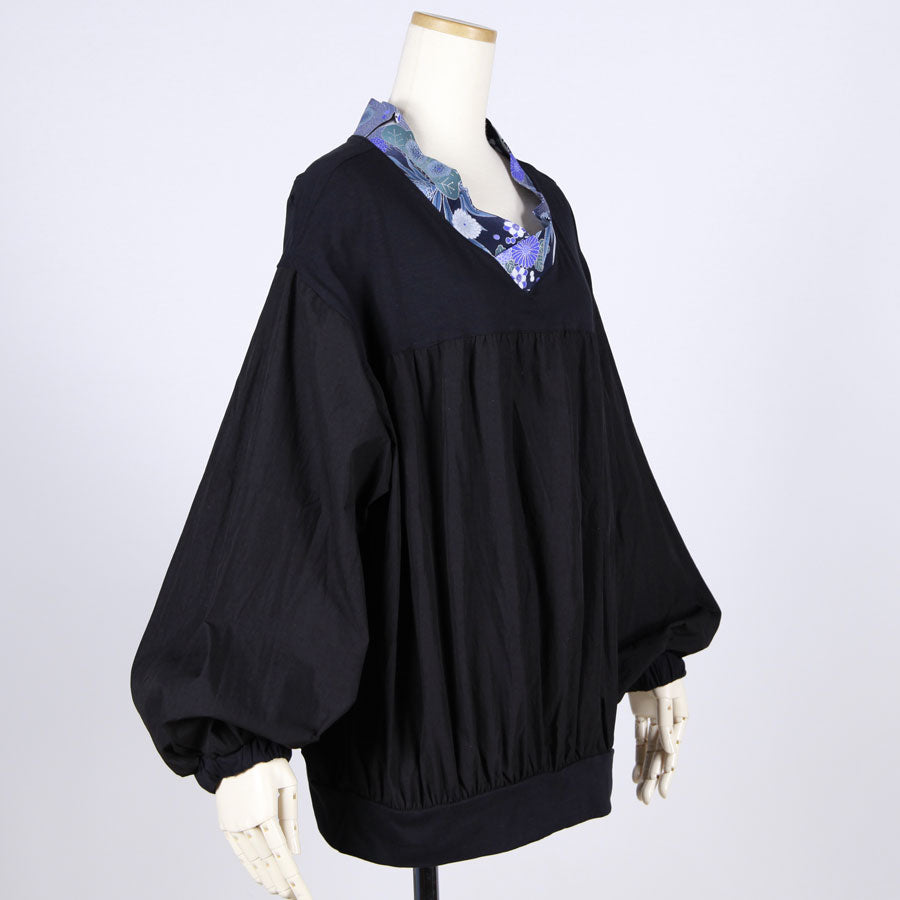 [One-of-a-kind item] TKg Blue Crane pattern  Smock Style Top